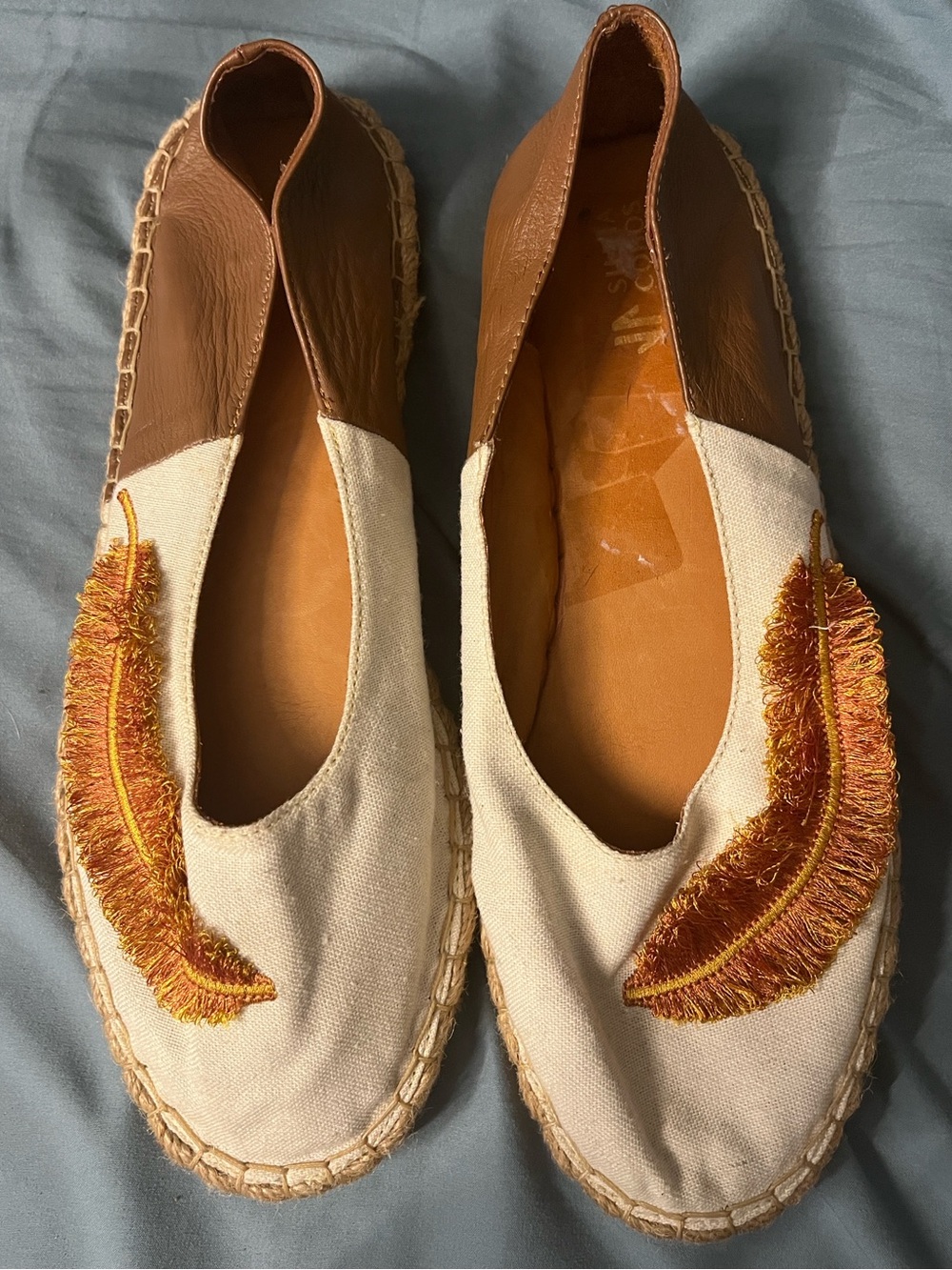 Cream Canvas Espradilles 10 with Brown Trim and Orange-Gold Feather Embroidery